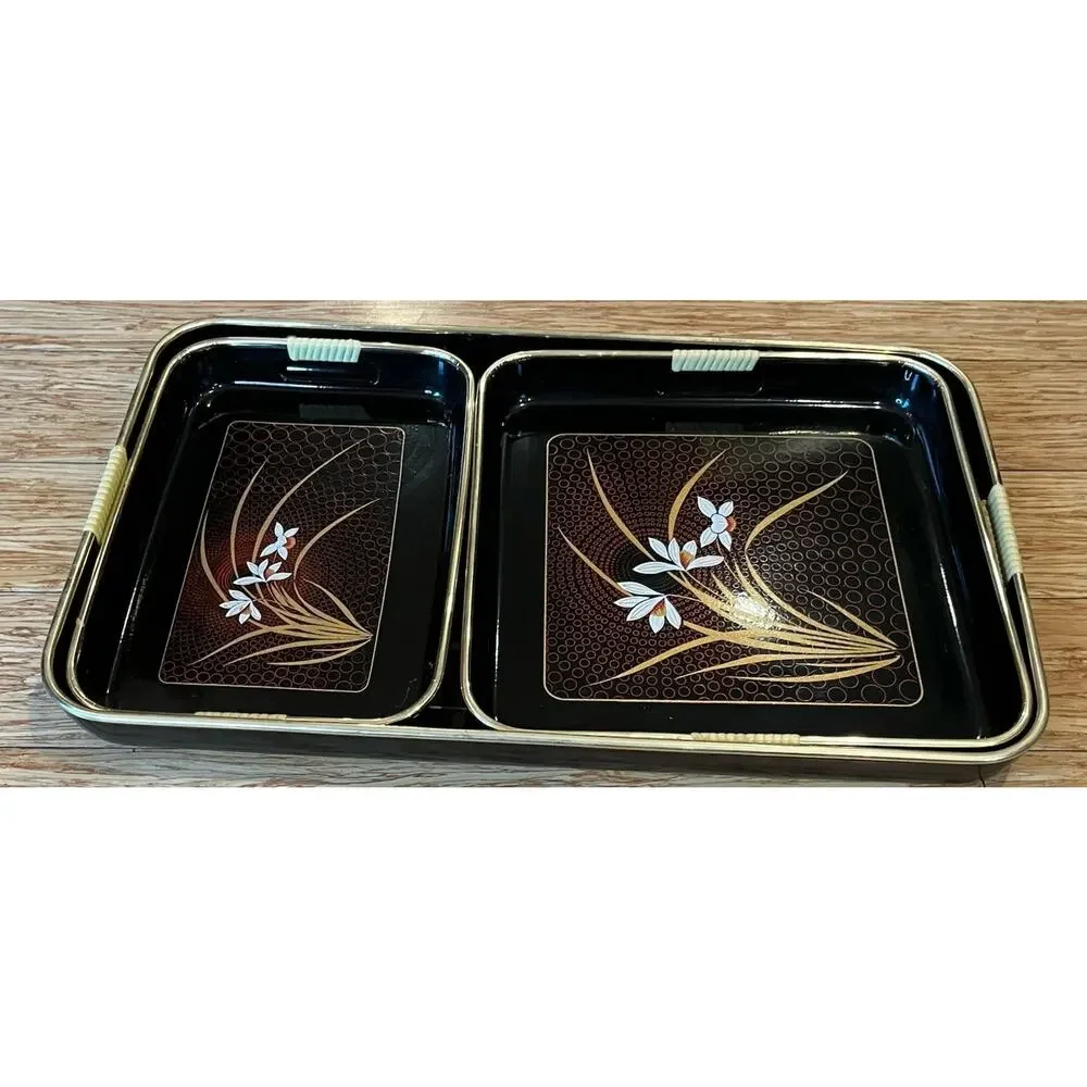 VTG Set Of 3 Japanese Nesting Trays Black Lacquer Ware Set of 3 Gold Red Floral